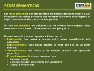 REDES SEMANTICAS
Las redes semánticas son representaciones básicas del conocimiento, están
compuestas por nodos y enlaces que muestran relaciones entre objetos, el
objeto puede ser un libro, un carro, una persona.
En una red semántica los atributos son los enlaces entre objetos, estos
muestran las relaciones o el vinculo entre el objeto y el otro.
Una red semántica es una representación en la cual:
 Lexicamente, hay nodos y enlaces entre nodos especificando una
aplicación.
 Estructuralmente, cada enlace conecta un nodo con otro en un orden
especial.
 Semánticamente, los nodos y los enlaces denotan una aplicación
especifica.
 Procedimentalmente existen procesos para:
 Construir nodos
 Construir enlaces, entre nodos con un nombre
 Deducir conocimiento.
 