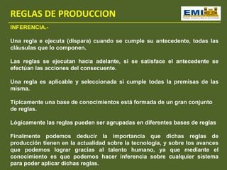 REGLAS DE PRODUCCION
INFERENCIA.-
Una regla e ejecuta (dispara) cuando se cumple su antecedente, todas las
cláusulas que lo componen.
Las reglas se ejecutan hacia adelante, si se satisface el antecedente se
efectúan las acciones del consecuente.
Una regla es aplicable y seleccionada si cumple todas la premisas de las
misma.
Típicamente una base de conocimientos está formada de un gran conjunto
de reglas.
Lógicamente las reglas pueden ser agrupadas en diferentes bases de reglas
Finalmente podemos deducir la importancia que dichas reglas de
producción tienen en la actualidad sobre la tecnología, y sobre los avances
que podemos lograr gracias al talento humano, ya que mediante el
conocimiento es que podemos hacer inferencia sobre cualquier sistema
para poder aplicar dichas reglas.
 