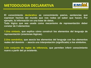 METODOLOGIA DECLARATIVA
El conocimiento declarativo es conocimiento pasivo, sentencias que
expresan hechos del mundo que nos rodea (el saber que hacer). Por
ejemplo, la información en una base de datos.
Toda lógica que sea usada como mecanismo de representación deber
constar de 3 elementos:
1.Una sintaxis, que explica cómo construir los elementos del lenguaje de
representación (oraciones lógicas).
2.Una semántica, que asocia los elementos del lenguaje con los elementos
reales del dominio → asocia una interpretación (significado) a los símbolos.
3.Un conjunto de reglas de inferencia, que permiten inferir conocimiento
nuevo a partir del ya existente.
 