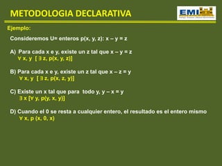 METODOLOGIA DECLARATIVA
Ejemplo:
Consideremos U= enteros p(x, y, z): x – y = z
A) Para cada x e y, existe un z tal que x – y = z
∀ x, y [ ∃ z, p(x, y, z)]
B) Para cada x e y, existe un z tal que x – z = y
∀ x, y [ ∃ z, p(x, z, y)]
C) Existe un x tal que para todo y, y – x = y
∃ x [∀ y, p(y, x, y)]
D) Cuando el 0 se resta a cualquier entero, el resultado es el entero mismo
∀ x, p (x, 0, x)
 