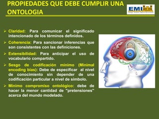 PROPIEDADES QUE DEBE CUMPLIR UNA
ONTOLOGIA
 Claridad: Para comunicar el significado
intencionado de los términos definidos.
 Coherencia: Para sancionar inferencias que
son consistentes con las definiciones.
 Extensibilidad: Para anticipar el uso de
vocabulario compartido.
 Sesgo de codificación mínimo (Minimal
encoding bias): Debe de especificar al nivel
de conocimiento sin depender de una
codificación particular a nivel de símbolo.
 Mínimo compromiso ontológico: debe de
hacer la menor cantidad de "pretensiones''
acerca del mundo modelado.
 