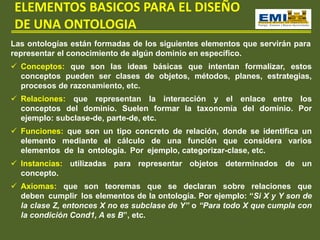 ELEMENTOS BASICOS PARA EL DISEÑO
DE UNA ONTOLOGIA
Las ontologías están formadas de los siguientes elementos que servirán para
representar el conocimiento de algún dominio en específico.
 Conceptos: que son las ideas básicas que intentan formalizar, estos
conceptos pueden ser clases de objetos, métodos, planes, estrategias,
procesos de razonamiento, etc.
 Relaciones: que representan la interacción y el enlace entre los
conceptos del dominio. Suelen formar la taxonomía del dominio. Por
ejemplo: subclase-de, parte-de, etc.
 Funciones: que son un tipo concreto de relación, donde se identifica un
elemento mediante el cálculo de una función que considera varios
elementos de la ontología. Por ejemplo, categorizar-clase, etc.
 Instancias: utilizadas para representar objetos determinados de un
concepto.
 Axiomas: que son teoremas que se declaran sobre relaciones que
deben cumplir los elementos de la ontología. Por ejemplo: “Si X y Y son de
la clase Z, entonces X no es subclase de Y” o “Para todo X que cumpla con
la condición Cond1, A es B”, etc.
 