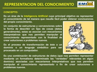 REPRESENTACION DEL CONOCIMIENTO
CONCEPTO:
Es un área de la Inteligencia Artificial cuyo principal objetivo es representar
el conocimiento de tal manera que resulte fácil poder obtener conclusiones
del propio conocimiento.
Un conjunto de estructuras y convenciones sobre
la forma de describir un tipo de cosas (datos
generalmente), estas se asocian con mecanismos
interpretativos que nos permiten manipular el
conocimiento representado con la finalidad de
crear soluciones a problemas nuevos.
Es el proceso de transformación de éste a un
dominio o un lenguaje simbólico para ser
procesado en un computador.
Es una combinación de estructuras de datos (que nos permiten representar
mediante un formalismo determinado las "verdades" relevantes en algún
dominio) asociadas con mecanismos interpretativos que nos permiten
manipular el conocimiento representado a fin de crear soluciones a
problemas nuevos.
 