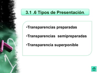 3.1 .6 Tipos de Presentación. 
•Transparencias preparadas 
•Transparencias semipreparadas 
•Transparencia superponible 
 