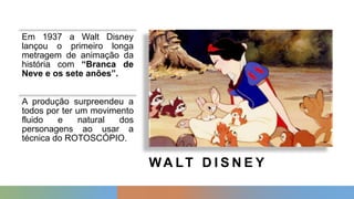 WA LT D I S N E Y
Em 1937 a Walt Disney
lançou o primeiro longa
metragem de animação da
história com “Branca de
Neve e os sete anões”.
A produção surpreendeu a
todos por ter um movimento
fluido e natural dos
personagens ao usar a
técnica do ROTOSCÓPIO.
 