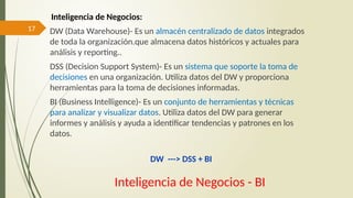 17
Inteligencia de Negocios - BI
Inteligencia de Negocios:
DW (Data Warehouse)- Es un almacén centralizado de datos integrados
de toda la organización.que almacena datos históricos y actuales para
análisis y reporting..
DSS (Decision Support System)- Es un sistema que soporte la toma de
decisiones en una organización. Utiliza datos del DW y proporciona
herramientas para la toma de decisiones informadas.
BI (Business Intelligence)- Es un conjunto de herramientas y técnicas
para analizar y visualizar datos. Utiliza datos del DW para generar
informes y análisis y ayuda a identificar tendencias y patrones en los
datos.
DW ---> DSS + BI
 