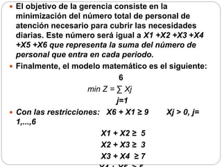 El objetivo de la gerencia consiste en la
minimización del número total de personal de
atención necesario para cubrir las necesidades
diarias. Este número será igual a X1 +X2 +X3 +X4
+X5 +X6 que representa la suma del número de
personal que entra en cada periodo.
 Finalmente, el modelo matemático es el siguiente:
6
min Z = ∑ Xj
j=1
 Con las restricciones: X6 + X1 ≥ 9 Xj > 0, j=
1,...,6
X1 + X2 ≥ 5
X2 + X3 ≥ 3
X3 + X4 ≥ 7
 