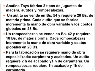  Anatina Toys fabrica 2 tipos de juguetes de
madera, autitos y rompecabezas.
 Un autito se vende en Bs. 54 y requiere 20 Bs. de
materia prima. Cada autito que se fabrica
incrementa la mano de obra variable y los costos
globales en 28 Bs.
 Un rompecabezas se vende en Bs. 42 y requiere
18 Bs. de materia prima. Cada rompecabezas
incrementa la mano de obra variable y costos
globales en 20 Bs.
 Para la fabricación se requiere mano de obra
especializada: carpintera y acabados. Un autito
requiere 2 h de acabado y1 h de carpinteria. Un
rompecabezas requiere 1h acabado y 1h de
 