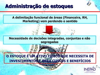 Administração de estoques

   A delimitação funcional de áreas (Financeira, RH,
          Marketing) vem perdendo o sentido




 Necessidade de decisões integradas, conjuntas e não
                     segregadas



O ESTOQUE É UM ATIVO FÍSICO QUE NECESSITA DE
 INVESTIMENTOS E GERA CUSTOS E BENEFÍCIOS
 