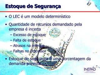 Estoque de Segurança

• O LEC é um modelo determinístico
• Quantidade de recursos demandado pela
  empresa é incerta
  – Excesso de estoque
  – Falta de estoque
  – Atrasos na entrega
  – Falhas no processo

• Estoque de segurança é uma porcentagem da
  demanda prevista
 