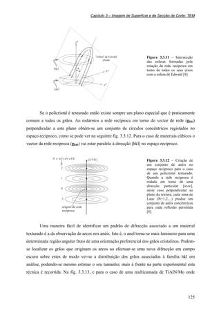 Capítulo 3 – Imagem de Superfície e de Secção de Corte: TEM
125
Figura 3.3.11 – Intersecção
das esferas formadas pela
rotação da rede recíproca em
torno de todos os seus eixos
com a esfera de Edwald [8].
Se o policristal é texturado então existe sempre um plano especial que é praticamente
comum a todos os grãos. Ao rodarmos a rede recíproca em torno do vector de rede (ghkl)
perpendicular a este plano obtém-se um conjunto de círculos concêntricos registados no
espaço recíproco, como se pode ver na seguinte fig. 3.3.12. Para o caso de materiais cúbicos o
vector da rede recíproca (ghkl) vai estar paralelo à direcção [hkl] no espaço recíproco.
Figura 3.3.12 – Criação de
um conjunto de anéis no
espaço recíproco para o caso
de um policristal texturado.
Quando a rede recíproca é
rodada em torno de uma
direcção particular [uvw],
neste caso perpendicular ao
plano da textura, cada zona de
Laue (N=1,2,...) produz um
conjunto de anéis concêntricos
para cada reflexão permitida
[8].
Uma maneira fácil de identificar um padrão de difracção associado a um material
texturado é a da observação de arcos nos anéis. Isto é, o anel torna-se mais luminoso para uma
determinada região angular fruto de uma orientação preferencial dos grãos cristalinos. Podem-
se localizar os grãos que originam os arcos ao efectuar-se uma nova difracção em campo
escuro sobre estes de modo ver-se a distribuição dos grãos associados à família hkl em
análise, podendo-se mesmo estimar o seu tamanho; mais à frente na parte experimental esta
técnica é recorrida. Na fig. 3.3.13, e para o caso de uma multicamada de TiAlN/Mo onde
 
