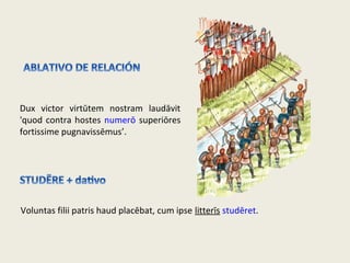 Dux victor virtūtem nostram laudāvit
'quod contra hostes numerō superiōres
fortissime pugnavissēmus’.
Voluntas filii patris haud placēbat, cum ipse litterīs studēret.
 