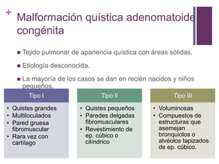 + Malformación quística adenomatoide
congénita
 Tejido pulmonar de apariencia quística con áreas sólidas.
 Etiología desconocida.
 La mayoría de los casos se dan en recién nacidos y niños
pequeños.
Tipo I
• Quistes grandes
• Multiloculados
• Pared gruesa
fibromuscular
• Rara vez con
cartílago
Tipo II
• Quistes pequeños
• Paredes delgadas
fibromusculares
• Revestimiento de
ep. cúbico o
cilíndrico
Tipo III
• Voluminosas
• Compuestos de
estructuras que
asemejan
bronquiolos o
alvéolos tapizados
de ep. cúbico.
 
