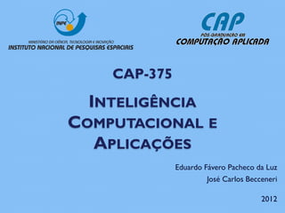 CAP-375

  INTELIGÊNCIA
COMPUTACIONAL E
  APLICAÇÕES
              Eduardo Fávero Pacheco da Luz
                       José Carlos Becceneri

                                       2012
 