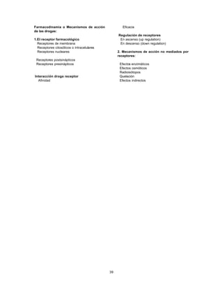 39
Farmacodinamia o Mecanismos de acción
de las drogas:
1.El receptor farmacológico
Receptores de membrana
Receptores citosólicos o intracelulares
Receptores nucleares
Receptores postsinápticos
Receptores presinápticos
Interacción droga receptor
Afinidad
Eficacia
Regulación de receptores
En ascenso (up regulation)
En descenso (down regulation)
2. Mecanismos de acción no mediados por
receptores:
Efectos enzimáticos
Efectos osmóticos
Radioisótopos
Quelación
Efectos indirectos
 