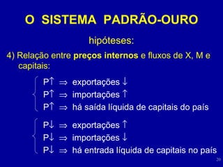 O  SISTEMA  PADRÃO-OURO hipóteses: 4) Relação entre  preços internos  e fluxos de X, M e capitais: P       exportações   P       importações   P       há saída líquida de capitais do país P       exportações   P       importações   P       há entrada líquida de capitais no país 
