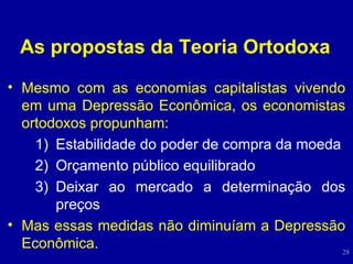 As propostas da Teoria Ortodoxa Mesmo com as economias capitalistas vivendo em uma Depressão Econômica, os economistas ortodoxos propunham: Estabilidade do poder de compra da moeda Orçamento público equilibrado Deixar ao mercado a determinação dos preços Mas essas medidas não diminuíam a Depressão Econômica. 
