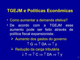 TGEJM e Políticas Econômicas Como aumentar a demanda efetiva? De acordo com a TGEJM esse aumento pode ser feito através de política fiscal expansionista: Aumento dos gastos do governo    G       DA       y Redução da carga tributária    T       C       DA       y 