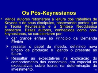 Os Pós-Keynesianos Vários autores retomaram a leitura dos trabalhos de Keynes e de seus discípulos, observando pontos que a Teoria Keynesiana e a Síntese Neoclássica perderam. Esses autores, conhecidos como pós-keynesianos, se caracterizam por: dar grande ênfase ao Princípio da Demanda Efetiva ressaltar o papel da moeda, definindo nova função de produção e ligando o presente ao futuro. Ressaltar as expectativas na explicação do comportamento das economias, em especial as expectativas sobre lucros na determinação do investimento.  