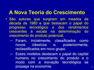 A Nova Teoria do Crescimento São autores que surgiram em meados da década de 1980 e que destacam o papel do progresso tecnológico e dos rendimentos crescentes à escala na determinação do crescimento do produto potencial. Foram, inicialmente, classificados como novos clássicos e, posteriormente, reclassificados em novo grupo. Esses modelos destacam o papel do capital humano no crescimento do produto e o modo com a inovação tecnológica se propaga na economia. 