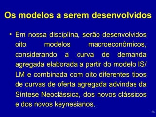 Os modelos a serem desenvolvidos Em nossa disciplina, serão desenvolvidos oito modelos macroeconômicos, considerando a curva de demanda agregada elaborada a partir do modelo IS/LM e combinada com oito diferentes tipos de curvas de oferta agregada advindas da Síntese Neoclássica, dos novos clássicos e dos novos keynesianos. 