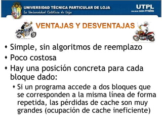 Capítulo IIIArquitectura de Computadores27EJEMPLOPodemos ver un ejemplo con una memoria principal de 32 Kpalabras y una cache de 512 palabras con bloques de 8 palabras. El n°de bits de cada campo será:Analizando vemos que:M. Principal   = 32 kpalabrasCache           = 512 palabrasCada bloque = 8 palabras