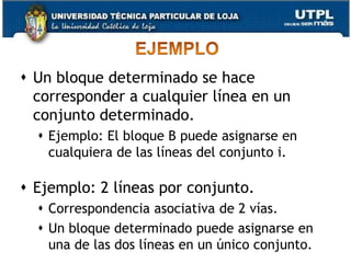La etiqueta de 22 bits está almacenada con cada bloque de datos de 32 bits.Compare el campo de etiqueta con la entrada de etiqueta en la cache para comprobar si ha tenido éxito.La dirección de 2 bits menos significativa identifica qué palabra de 16 bits se necesita en un bloque de datos de 32 bits.Ejemplo:Dirección       Etiqueta	      Datos       	Línea de cacheFFFFFC	       FFFFFC	          24682468	         3FFFCapítulo IIIESTRUCTURA DE LA DIRECCIÓN