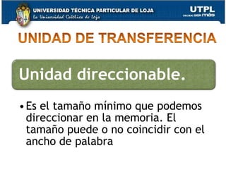 Ejemplificar los tipos de memoria de acuerdo a la aplicabilidad y uso adecuados.Capítulo IIIArquitectura de Computadores4UNIDAD DE TRANSFERENCIA
