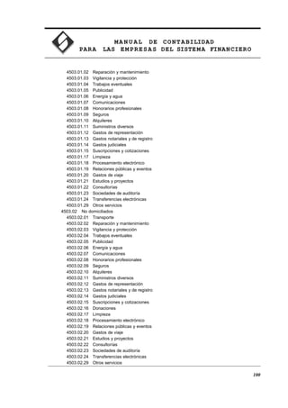 MA N U AL DE CONTABILIDAD
PARA LAS EMPRESAS DEL SISTEMA FINANCIERO
4503.01.02 Reparación y mantenimiento
4503.01.03 Vigilancia y protección
4503.01.04 Trabajos eventuales
4503.01.05 Publicidad
4503.01.06 Energía y agua
4503.01.07 Comunicaciones
4503.01.08 Honorarios profesionales
4503.01.09 Seguros
4503.01.10 Alquileres
4503.01.11 Suministros diversos
4503.01.12 Gastos de representación
4503.01.13 Gastos notariales y de registro
4503.01.14 Gastos judiciales
4503.01.15 Suscripciones y cotizaciones
4503.01.17 Limpieza
4503.01.18 Procesamiento electrónico
4503.01.19 Relaciones públicas y eventos
4503.01.20 Gastos de viaje
4503.01.21 Estudios y proyectos
4503.01.22 Consultorías
4503.01.23 Sociedades de auditoría
4503.01.24 Transferencias electrónicas
4503.01.29 Otros servicios
4503.02 No domiciliados
4503.02.01 Transporte
4503.02.02 Reparación y mantenimiento
4503.02.03 Vigilancia y protección
4503.02.04 Trabajos eventuales
4503.02.05 Publicidad
4503.02.06 Energía y agua
4503.02.07 Comunicaciones
4503.02.08 Honorarios profesionales
4503.02.09 Seguros
4503.02.10 Alquileres
4503.02.11 Suministros diversos
4503.02.12 Gastos de representación
4503.02.13 Gastos notariales y de registro
4503.02.14 Gastos judiciales
4503.02.15 Suscripciones y cotizaciones
4503.02.16 Donaciones
4503.02.17 Limpieza
4503.02.18 Procesamiento electrónico
4503.02.19 Relaciones públicas y eventos
4503.02.20 Gastos de viaje
4503.02.21 Estudios y proyectos
4503.02.22 Consultorías
4503.02.23 Sociedades de auditoría
4503.02.24 Transferencias electrónicas
4503.02.29 Otros servicios
100
 