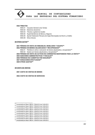 MA N U AL DE CONTABILIDAD
PARA LAS EMPRESAS DEL SISTEMA FINANCIERO
4504 TRIBUTOS
4504.01 Impuesto General a las Ventas
4504.02 Derechos aduaneros
4504.03 Tributos a gobiernos locales
4504.04 Superintendencia de Banca y Seguros
4504.05 Aporte Federación Peruana de Cajas Municipales de Ahorro y Crédito
4504.09 Otros tributos
46OTROS GATOS939
4601 PÉRDIDA EN VENTA DE INMUEBLES, MOBILIARIO Y EQUIPO940
4602 PÉRDIDA EN BIENES ADJUDICADOS Y RECUPERADOS941
4602.01 Pérdida en venta o colocación de bienes adjudicados y recuperados942
4602.02 Gastos por bienes adjudicados y recuperados943
4604 PÉRDIDA EN VENTA DE ACTIVOS NO CORRIENTES MANTENIDOS PARA LA VENTA944
4605 SANCIONES ADMINISTRATIVAS Y FISCALES945
4606 PÉRDIDAS NO CUBIERTAS POR SEGUROS946
4607 DONACIONES EFECTUADAS947
4609 OTROS GASTOS948
49COSTO DE VENTAS
4901 COSTO DE VENTAS DE BIENES
4902 COSTO DE VENTAS DE SERVICIOS
939
Incorporado por Resol. SBS N° 7036-2012 del 19.09.2012
940
Incorporada por Resol. SBS N° 7036-2012 del 19.09.2012
941
Incorporada por Resol. SBS N° 7036-2012 del 19.09.2012
942
Incorporada por Resol. SBS N° 7036-2012 del 19.09.2012
943
Incorporada por Resol. SBS N° 7036-2012 del 19.09.2012
944
Incorporada por Resol. SBS N° 7036-2012 del 19.09.2012
945
Incorporada por Resol. SBS N° 7036-2012 del 19.09.2012
946
Incorporada por Resol. SBS N° 7036-2012 del 19.09.2012
947
Incorporada por Resol. SBS N° 7036-2012 del 19.09.2012
948
Incorporada por Resol. SBS N° 7036-2012 del 19.09.2012
101
 
