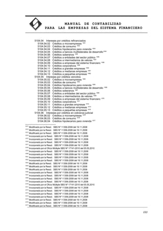 MA N U AL DE CONTABILIDAD
PARA LAS EMPRESAS DEL SISTEMA FINANCIERO
5104.04 Intereses por créditos refinanciados
5104.04.02 Créditos a microempresas 1051
5104.04.03 Créditos de consumo 1052
5104.04.04 Créditos hipotecarios para vivienda 1053
5104.04.05 Créditos a bancos multilaterales de desarrollo1054
5104.04.06 Créditos soberanos 1055
5104.04.07 Créditos a entidades del sector público 1056
5104.04.08 Créditos a intermediarios de valores 1057
5104.04.09 Créditos a empresas del sistema financiero 1058
5104.04.10 Créditos corporativos 1059
5104.04.11 Créditos a grandes empresas 1060
5104.04.12 Créditos a medianas empresas 1061
5104.04.13 Créditos a pequeñas empresas 1062
5104.05 Intereses por créditos vencidos
5104.05.02 Créditos a microempresas 1063
5104.05.03 Créditos de consumo 1064
5104.05.04 Créditos hipotecarios para vivienda 1065
5104.05.05 Créditos a bancos multilaterales de desarrollo 1066
5104.05.06 Créditos soberanos 1067
5104.05.07 Créditos a entidades del sector público 1068
5104.05.08 Créditos a intermediarios de valores 1069
5104.05.09 Créditos a empresas del sistema financiero 1070
5104.05.10 Créditos corporativos 1071
5104.05.11 Créditos a grandes empresas 1072
5104.05.12 Créditos a medianas empresas 1073
5104.05.13 Créditos a pequeñas empresas 1074
5104.06 Intereses por créditos en cobranza judicial
5104.06.02 Créditos a microempresas 1075
5104.06.03 Créditos de consumo 1076
5104.06.04 Créditos hipotecarios para vivienda 1077
1051
Modificado por la Resol. SBS Nº 11356-2008 del 19.11.2008
1052
Modificado por la Resol. SBS Nº 11356-2008 del 19.11.2008
1053
Modificado por la Resol. SBS Nº 11356-2008 del 19.11.2008
1054
Incorporado por la Resol. SBS Nº 11356-2008 del 19.11.2008
1055
Incorporado por la Resol. SBS Nº 11356-2008 del 19.11.2008
1056
Incorporado por la Resol. SBS Nº 11356-2008 del 19.11.2008
1057
Incorporado por la Resol. SBS Nº 11356-2008 del 19.11.2008
1058
Incorporado por el Oficio Múltiple SBS Nº 17141-2010 del 05.05.2010
1059
Incorporado por la Resol. SBS Nº 11356-2008 del 19.11.2008
1060
Incorporado por la Resol. SBS Nº 11356-2008 del 19.11.2008
1061
Incorporado por la Resol. SBS Nº 11356-2008 del 19.11.2008
1062
Incorporado por la Resol. SBS Nº 11356-2008 del 19.11.2008
1063
Modificado por la Resol. SBS Nº 11356-2008 del 19.11.2008
1064
Modificado por la Resol. SBS Nº 11356-2008 del 19.11.2008
1065
Modificado por la Resol. SBS Nº 11356-2008 del 19.11.2008
1066
Incorporado por la Resol. SBS Nº 11356-2008 del 19.11.2008
1067
Incorporado por la Resol. SBS Nº 11356-2008 del 19.11.2008
1068
Incorporado por la Resol. SBS Nº 11356-2008 del 19.11.2008
1069
Incorporado por la Resol. SBS Nº 11356-2008 del 19.11.2008
1070
Incorporado por el Oficio Múltiple SBS Nº 17141-2010 del 05.05.2010
1071
Incorporado por la Resol. SBS Nº 11356-2008 del 19.11.2008
1072
Incorporado por la Resol. SBS Nº 11356-2008 del 19.11.2008
1073
Incorporado por la Resol. SBS Nº 11356-2008 del 19.11.2008
1074
Incorporado por la Resol. SBS Nº 11356-2008 del 19.11.2008
1075
Modificado por la Resol. SBS Nº 11356-2008 del 19.11.2008
1076
Modificado por la Resol. SBS Nº 11356-2008 del 19.11.2008
1077
Modificado por la Resol. SBS Nº 11356-2008 del 19.11.2008
113
 