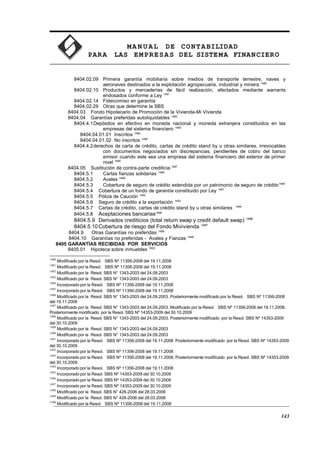 MA N U AL DE CONTABILIDAD
PARA LAS EMPRESAS DEL SISTEMA FINANCIERO
8404.02.09 Primera garantía mobiliaria sobre medios de transporte terrestre, naves y
aeronaves destinados a la explotación agropecuaria, industrial y minera 1480
8404.02.10 Productos y mercaderías de fácil realización, afectados mediante warrants
endosados conforme a Ley 1481
8404.02.14 Fideicomiso en garantía
8404.02.29 Otras que determine la SBS
8404.03 Fondo Hipotecario de Promoción de la Vivienda-Mi Vivienda
8404.04 Garantías preferidas autoliquidables 1482
8404.4.1Depósitos en efectivo en moneda nacional y moneda extranjera constituidos en las
empresas del sistema financiero 1483
8404.04.01.01 Inscritos 1484
8404.04.01.02 No inscritos 1485
8404.4.2derechos de carta de crédito, cartas de crédito stand by u otras similares, irrevocables
con documentos negociados sin discrepancias, pendientes de cobro del banco
emisor cuando este sea una empresa del sistema financiero del exterior de primer
nivel 1486
8404.05 Sustitución de contra-parte crediticia 1487
8404.5.1 Cartas fianzas solidarias 1488
8404.5.2 Avales 1489
8404.5.3 Cobertura de seguro de crédito extendida por un patrimonio de seguro de crédito1490
8404.5.4 Cobertura de un fondo de garantía constituido por Ley 1491
8404.5.5 Póliza de Caución 1492
8404.5.6 Seguro de crédito a la exportación 1493
8404.5.7 Cartas de crédito, cartas de crédito stand by u otras similares 1494
8404.5.8 Aceptaciones bancarias1495
8404.5.9 Derivados crediticios (total return swap y credit default swap) 1496
8404.5.10Cobertura de riesgo del Fondo Mivivienda 1497
8404.9 Otras Garantías no preferidas 1498
8404.10 Garantías no preferidas - Avales y Fianzas 1499
8405 GARANTÍAS RECIBIDAS POR SERVICIOS
8405.01 Hipoteca sobre inmuebles 1500
1480
Modificado por la Resol. SBS Nº 11356-2008 del 19.11.2008
1481
Modificado por la Resol. SBS Nº 11356-2008 del 19.11.2008
1482
Modificado por la Resol. SBS N° 1343-2003 del 24.09.2003
1483
Modificado por la Resol. SBS N° 1343-2003 del 24.09.2003
1484
Incorporado por la Resol. SBS Nº 11356-2008 del 19.11.2008
1485
Incorporado por la Resol. SBS Nº 11356-2008 del 19.11.2008
1486
Modificado por la Resol. SBS N° 1343-2003 del 24.09.2003. Posteriormente modificado por la Resol. SBS Nº 11356-2008
del 19.11.2008
1487
Modificado por la Resol. SBS N° 1343-2003 del 24.09.2003. Modificado por la Resol. SBS Nº 11356-2008 del 19.11.2008.
Posteriormente modificado por la Resol. SBS Nº 14353-2009 del 30.10.2009
1488
Modificado por la Resol. SBS N° 1343-2003 del 24.09.2003. Posteriormente modificado por la Resol. SBS Nº 14353-2009
del 30.10.2009
1489
Modificado por la Resol. SBS N° 1343-2003 del 24.09.2003
1490
Modificado por la Resol. SBS N° 1343-2003 del 24.09.2003
1491
Incorporado por la Resol. SBS Nº 11356-2008 del 19.11.2008 Posteriormente modificado por la Resol. SBS Nº 14353-2009
del 30.10.2009
1492
Incorporado por la Resol. SBS Nº 11356-2008 del 19.11.2008
1493
Incorporado por la Resol. SBS Nº 11356-2008 del 19.11.2008. Posteriormente modificado por la Resol. SBS Nº 14353-2009
del 30.10.2009
1494
Incorporado por la Resol. SBS Nº 11356-2008 del 19.11.2008
1495
Incorporado por la Resol. SBS Nº 14353-2009 del 30.10.2009
1496
Incorporado por la Resol. SBS Nº 14353-2009 del 30.10.2009
1497
Incorporado por la Resol. SBS Nº 14353-2009 del 30.10.2009
1498
Modificado por la Resol. SBS N° 426-2006 del 28.03.2006
1499
Modificado por la Resol. SBS N° 426-2006 del 28.03.2006
1500
Modificado por la Resol. SBS Nº 11356-2008 del 19.11.2008
143
 