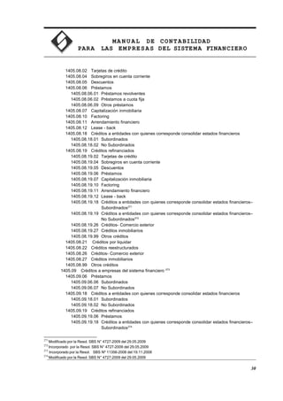 MA N U AL DE CONTABILIDAD
PARA LAS EMPRESAS DEL SISTEMA FINANCIERO
1405.08.02 Tarjetas de crédito
1405.08.04 Sobregiros en cuenta corriente
1405.08.05 Descuentos
1405.08.06 Préstamos
1405.08.06.01 Préstamos revolventes
1405.08.06.02 Préstamos a cuota fija
1405.08.06.09 Otros préstamos
1405.08.07 Capitalización inmobiliaria
1405.08.10 Factoring
1405.08.11 Arrendamiento financiero
1405.08.12 Lease - back
1405.08.18 Créditos a entidades con quienes corresponde consolidar estados financieros
1405.08.18.01 Subordinados
1405.08.18.02 No Subordinados
1405.08.19 Créditos refinanciados
1405.08.19.02 Tarjetas de crédito
1405.08.19.04 Sobregiros en cuenta corriente
1405.08.19.05 Descuentos
1405.08.19.06 Préstamos
1405.08.19.07 Capitalización inmobiliaria
1405.08.19.10 Factoring
1405.08.19.11 Arrendamiento financiero
1405.08.19.12 Lease - back
1405.08.19.18 Créditos a entidades con quienes corresponde consolidar estados financieros–
Subordinados271
1405.08.19.19 Créditos a entidades con quienes corresponde consolidar estados financieros–
No Subordinados272
1405.08.19.26 Créditos- Comercio exterior
1405.08.19.27 Créditos inmobiliarios
1405.08.19.99 Otros créditos
1405.08.21 Créditos por liquidar
1405.08.22 Créditos reestructurados
1405.08.26 Créditos- Comercio exterior
1405.08.27 Créditos inmobiliarios
1405.08.99 Otros créditos
1405.09 Créditos a empresas del sistema financiero 273
1405.09.06 Préstamos
1405.09.06.06 Subordinados
1405.09.06.07 No Subordinados
1405.09.18 Créditos a entidades con quienes corresponde consolidar estados financieros
1405.09.18.01 Subordinados
1405.09.18.02 No Subordinados
1405.09.19 Créditos refinanciados
1405.09.19.06 Préstamos
1405.09.19.18 Créditos a entidades con quienes corresponde consolidar estados financieros–
Subordinados274
271
Modificado por la Resol. SBS N° 4727-2009 del 29.05.2009
272
Incorporado por la Resol. SBS N° 4727-2009 del 29.05.2009
273
Incorporado por la Resol. SBS Nº 11356-2008 del 19.11.2008
274
Modificado por la Resol. SBS N° 4727-2009 del 29.05.2009
30
 