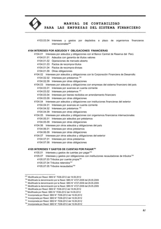 MA N U AL DE CONTABILIDAD
PARA LAS EMPRESAS DEL SISTEMA FINANCIERO
4103.03.04 Intereses y gastos por depósitos a plazo de organismos financieros
internacionales699
4104 INTERESES POR ADEUDOS Y OBLIGACIONES FINANCIERAS
4104.01 Intereses por adeudos y obligaciones con el Banco Central de Reserva del Perú
4104.01.01 Adeudos con garantía de títulos valores
4104.01.02 Operaciones de mercado abierto
4104.01.03 Pactos de recompra-títulos
4104.01.04 Pactos de recompra-divisas
4104.01.09 Otras obligaciones
4104.02 Intereses por adeudos y obligaciones con la Corporación Financiera de Desarrollo
4104.02.02 Intereses por préstamos 700
4104.02.09 Intereses por otras obligaciones
4104.03 Intereses por adeudos y obligaciones con empresas del sistema financiero del país
4104.03.01 Intereses por avances en cuenta corriente
4104.03.02 Intereses por préstamos 701
4104.03.04 Intereses por bienes recibidos en arrendamiento financiero
4104.03.09 Intereses por otras obligaciones
4104.04 Intereses por adeudos y obligaciones con instituciones financieras del exterior
4104.04.01 Intereses por avances en cuenta corriente
4104.04.02 Intereses por préstamos 702
4104.04.09 Intereses por otras obligaciones
4104.05 Intereses por adeudos y obligaciones con organismos financieros internacionales
4104.05.01 Intereses por adeudos por préstamos
4104.05.09 Intereses por otras obligaciones
4104.06 Intereses por otros adeudos y obligaciones del país
4104.06.01 Intereses por otros préstamos
4104.06.09 Intereses por otras obligaciones
4104.07 Intereses por otros adeudos y obligaciones del exterior
4104.07.01 Intereses por otros préstamos
4104.07.09 Intereses por otras obligaciones
4105 INTERESES Y GASTOS DE CUENTAS POR PAGAR703
4105.01 Intereses y gastos de cuentas por pagar704
4105.07 Intereses y gastos por obligaciones con instituciones recaudadoras de tributos705
4105.07.03 Tributos por cuenta propia706
4105.07.04 Tributos retenidos707
4105.07.05 Tributos recaudados708
699
Modificada por Resol. SBS N° 7036-2012 del 19.09.2012
700
Modificado la denominación por la Resol. SBS N° 4727-2009 del 29.05.2009
701
Modificado la denominación por la Resol. SBS N° 4727-2009 del 29.05.2009
702
Modificado la denominación por la Resol. SBS N° 4727-2009 del 29.05.2009
703
Modificada por Resol. SBS N° 7036-2012 del 19.09.2012
704
Modificada por Resol. SBS N° 7036-2012 del 19.09.2012
705
Incorporada por Resol. SBS N° 7036-2012 del 19.09.2012
706
Incorporada por Resol. SBS N° 7036-2012 del 19.09.2012
707
Incorporada por Resol. SBS N° 7036-2012 del 19.09.2012
708
Incorporada por Resol. SBS N° 7036-2012 del 19.09.2012
81
 