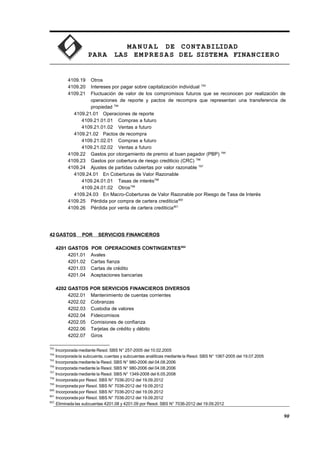 MA N U AL DE CONTABILIDAD
PARA LAS EMPRESAS DEL SISTEMA FINANCIERO
4109.19 Otros
4109.20 Intereses por pagar sobre capitalización individual 793
4109.21 Fluctuación de valor de los compromisos futuros que se reconocen por realización de
operaciones de reporte y pactos de recompra que representan una transferencia de
propiedad 794
4109.21.01 Operaciones de reporte
4109.21.01.01 Compras a futuro
4109.21.01.02 Ventas a futuro
4109.21.02 Pactos de recompra
4109.21.02.01 Compras a futuro
4109.21.02.02 Ventas a futuro
4109.22 Gastos por otorgamiento de premio al buen pagador (PBP) 795
4109.23 Gastos por cobertura de riesgo crediticio (CRC) 796
4109.24 Ajustes de partidas cubiertas por valor razonable 797
4109.24.01 En Coberturas de Valor Razonable
4109.24.01.01 Tasas de interés798
4109.24.01.02 Otros799
4109.24.03 En Macro-Coberturas de Valor Razonable por Riesgo de Tasa de Interés
4109.25 Pérdida por compra de cartera crediticia800
4109.26 Pérdida por venta de cartera crediticia801
42GASTOS POR SERVICIOS FINANCIEROS
4201 GASTOS POR OPERACIONES CONTINGENTES802
4201.01 Avales
4201.02 Cartas fianza
4201.03 Cartas de crédito
4201.04 Aceptaciones bancarias
4202 GASTOS POR SERVICIOS FINANCIEROS DIVERSOS
4202.01 Mantenimiento de cuentas corrientes
4202.02 Cobranzas
4202.03 Custodia de valores
4202.04 Fideicomisos
4202.05 Comisiones de confianza
4202.06 Tarjetas de crédito y débito
4202.07 Giros
793
Incorporada mediante Resol. SBS N° 257-2005 del 10.02.2005
794
Incorporada la subcuenta, cuentas y subcuentas analíticas mediante la Resol. SBS N° 1067-2005 del 19.07.2005
795
Incorporada mediante la Resol. SBS N° 980-2006 del 04.08.2006
796
Incorporada mediante la Resol. SBS N° 980-2006 del 04.08.2006
797
Incorporada mediante la Resol. SBS N° 1349-2008 del 6.05.2008
798
Incorporada por Resol. SBS N° 7036-2012 del 19.09.2012
799
Incorporada por Resol. SBS N° 7036-2012 del 19.09.2012
800
Incorporada por Resol. SBS N° 7036-2012 del 19.09.2012
801
Incorporada por Resol. SBS N° 7036-2012 del 19.09.2012
802
Eliminada las subcuentas 4201.08 y 4201.09 por Resol. SBS N° 7036-2012 del 19.09.2012
90
 