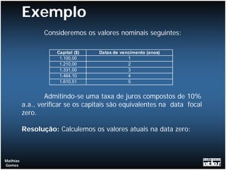 Exemplo
                 Consideremos os valores nominais seguintes:

                     Capital ($)    Datas de vencimento (anos)
                      1.100,00                  1
                      1.210,00                  2
                      1.331,00                  3
                      1.464,10                  4
                      1.610,51                  5


                  Admitindo-se uma taxa de juros compostos de 10%
          a.a., verificar se os capitais são equivalentes na data focal
          zero.

          Resolução: Calculemos os valores atuais na data zero:



Mathias
Gomes
 