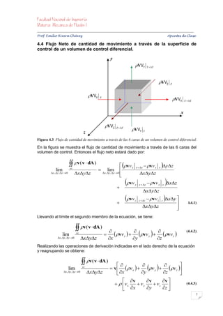 


Prof. Emilio Rivera Chávez Apuntes de Clase

4.4 Flujo Neto de cantidad de movimiento a través de la superficie de
control de un volumen de control diferencial.

                                                               y
                                                                                    VVY         Y  Y




                                                                                                          VVZ        Z



                                              VVX   X
                                                                                                                          VVX     X  X



                                                                                                                               x


                                                          VVZ     Z  Z
                                                                               VVY          Y
                                          z
Figura 4.3 Flujo de cantidad de movimiento a través de las 6 caras de un volumen de control diferencial.

En la figura se muestra el flujo de cantidad de movimiento a través de las 6 caras del
volumen de control. Entonces el flujo neto estará dado por:


                               v( v  dA )                             vv x   x  x    vv x           yz
                                                     
                                                                                                           x
               lim            sc
                                                             lim          
           x , y , y  0        xyz                x , y , y  0
                                                                          
                                                                                       xyz


                                                                    
                                                                            vv    y   y  y    v v y      y   xz
                                                                                             xyz

                                                                    
                                                                            vv    z z  z      vv z       z   xy 
                                                                                                                                    (4.4.1)
                                                                                          xyz                           
                                                                                                                           
Llevando al límite el segundo miembro de la ecuación, se tiene:

                                     v( v  dA )          
                                                                vv x    vv y    vv z 
                                                                                                                                     (4.4.2)
                     lim            sc
                                                         
                 x ,y ,y 0           xyz              x            y           z
Realizando las operaciones de derivación indicadas en el lado derecho de la ecuación
y reagrupando se obtiene:

                                          v( v  dA )                                     
                              lim        sc
                                                               v   v x   v y    v z 
                       x , y , y 0        xyz               x         y         z     
                                                                      v         v      v 
                                                                  v x      vy     vz
                                                                                          z 
                                                                                                                                     (4.4.3)
                                                                      x         y         
                                                                                                                                            7
 