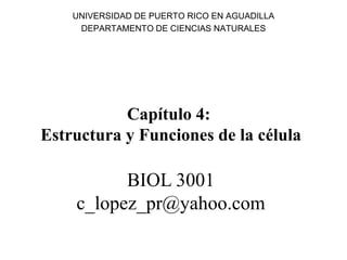 UNIVERSIDAD DE PUERTO RICO EN AGUADILLA
     DEPARTAMENTO DE CIENCIAS NATURALES




           Capítulo 4:
Estructura y Funciones de la célula

          BIOL 3001
    c_lopez_pr@yahoo.com
 