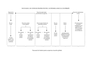 NECESARUL DE FONDURI PROPRII PENTRU ACOPERIREA RISCULUI DE PIAŢĂ

Raportul de                                              Riscul de piaţă asupra                                              Riscul de reglementare
solvabilitate                                          portofoliului de negociere                                                    livrare




  Risc de               Riscul de variaţie               Riscul asupra titlurilor de       Risc de         Marile               8% din necesarul
   credit                a ratei dobânzii                  proprietate (acţiuni)           schimb          riscuri                  de fonduri
                                                                                                                                multiplicat cu un
                                                                                                                                coeficient (8% -
                                                                                                                                100%) în funcţie
                                                                                                                                 de numărul de
                                                                                                                                zile de întârziere
                Risc general    +     Risc specific + Risc general   +   Risc specific
                     (y)                    (x)            (y)                  (x)        8% din      penalităţi pentru
                  8% din              variază de la     8% din            variază de la    fonduri    depăşirile de limite
                  fonduri              2% până la       fonduri            2% până la      proprii     prevăzute (pentru
                  proprii            4% în funcţie      proprii          4% în funcţie                   portofoliul de
  Fonduri                                                                                                 negociere)
                                     de lichiditatea                     de lichiditatea
proprii ≥ 8%
din riscurile                           titlurilor                          titlurilor
 ponderate




                                               Necesarul de fonduri pentru acoperirea riscurilor globale
 