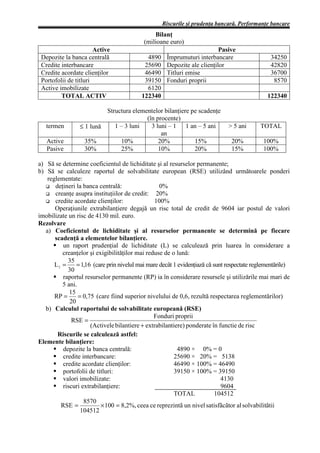 Riscurile şi prudenţa bancară. Performanţe bancare
                                                Bilanţ
                                            (milioane euro)
                       Active                                             Pasive
 Depozite la banca centrală                  4890    Împrumuturi interbancare                    34250
 Credite interbancare                       25690    Depozite ale clienţilor                     42820
 Credite acordate clienţilor                46490    Titluri emise                               36700
 Portofolii de titluri                      39150    Fonduri proprii                              8570
 Active imobilizate                          6120
         TOTAL ACTIV                       122340                                              122340

                          Structura elementelor bilanţiere pe scadenţe
                                         (în procente)
   termen        ≤ 1 lună    1 – 3 luni    3 luni – 1 1 an – 5 ani             > 5 ani      TOTAL
                                               an
   Active          35%         10%            20%           15%                 20%          100%
   Pasive          30%         25%            10%           20%                 15%          100%

a) Să se determine coeficientul de lichiditate şi al resurselor permanente;
b) Să se calculeze raportul de solvabilitate european (RSE) utilizând următoarele ponderi
    reglementate:
       deţineri la banca centrală:                 0%
       creanţe asupra instituţiilor de credit: 20%
       credite acordate clienţilor:              100%
       Operaţiunile extrabilanţiere degajă un risc total de credit de 9604 iar postul de valori
imobilizate un risc de 4130 mil. euro.
Rezolvare
   a) Coeficientul de lichiditate şi al resurselor permanente se determină pe fiecare
       scadenţă a elementelor bilanţiere.
          un raport prudenţial de lichiditate (L) se calculează prin luarea în considerare a
          creanţelor şi exigibilităţilor mai reduse de o lună:
            35
       L1 =     = 1,16 (care prin nivelul mai mare decât 1 evidenţiază că sunt respectate reglementările)
            30
          raportul resurselor permanente (RP) ia în considerare resursele şi utilizările mai mari de
          5 ani.
             15
       RP =      = 0,75 (care fiind superior nivelului de 0,6, rezultă respectarea reglementărilor)
             20
   b) Calculul raportului de solvabilitate europeană (RSE)
                                                Fonduri proprii
              RSE =
                      (Activele bilantiere + extrabilantiere) ponderate în functie de risc
        Riscurile se calculează astfel:
Elemente bilanţiere:
          depozite la banca centrală:                      4890 × 0% = 0
          credite interbancare:                          25690 × 20% = 5138
          credite acordate clienţilor:                   46490 × 100% = 46490
          portofolii de titluri:                         39150 × 100% = 39150
          valori imobilizate:                                                4130
          riscuri extrabilanţiere:                                           9604
                                                         TOTAL             104512
                   8570
         RSE =            × 100 = 8,2%, ceea ce reprezintã un nivel satisfãcãtor al solvabilitãtii
                  104512
 
