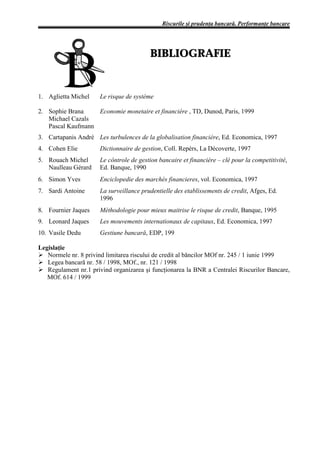 Riscurile şi prudenţa bancară. Performanţe bancare




                                         BIBLIOGRAFIE


1. Aglietta Michel    Le risque de système

2. Sophie Brana    Economie monetaire et financiére , TD, Dunod, Paris, 1999
   Michael Cazals
   Pascal Kaufmann
3. Cartapanis André Les turbulences de la globalisation financiére, Ed. Economica, 1997
4. Cohen Elie         Dictionnaire de gestion, Coll. Repérs, La Décoverte, 1997
5. Rouach Michel      Le côntrole de gestion bancaire et financiére – clé pour la competitivité,
   Naulleau Gérard    Ed. Banque, 1990
6. Simon Yves         Enciclopedie des marchés financieres, vol. Economica, 1997
7. Sardi Antoine      La surveillance prudentielle des etablissements de credit, Afges, Ed.
                      1996
8. Fournier Jaques    Méthodologie pour mieux maitrise le risque de credit, Banque, 1995
9. Leonard Jaques     Les mouvements internationaux de capitaux, Ed. Economica, 1997
10. Vasile Dedu       Gestiune bancară, EDP, 199

Legislaţie
Ø Normele nr. 8 privind limitarea riscului de credit al băncilor MOf nr. 245 / 1 iunie 1999
Ø Legea bancară nr. 58 / 1998, MOf., nr. 121 / 1998
Ø Regulament nr.1 privind organizarea şi funcţionarea la BNR a Centralei Riscurilor Bancare,
   MOf. 614 / 1999
 