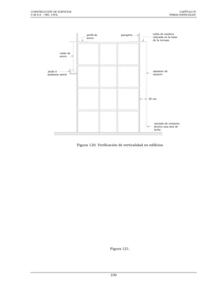 CONSTRUCCIÓN DE EDIFICIOS
U.M.S.S. – ING. CIVIL

CAPÍTULO IV
TEMAS ESPECIALES

parapeto

perfíl de
acero

tabla de madera
ubicada en la base
de la terraza

cable de
acero

alambre de
amarre

jaula ó
andamio móvil

30 cm

vaciado de cemento
dentro una lata de
leche

Figura 120. Verificación de verticalidad en edificios

Figura 121.

230

 
