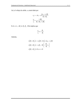 Fundamentos de Electrónica – Amplificador Operacional

4- 3

Así, el voltaje de salida, v0 estará dado por

v0 = − Avi − A

( v0 − vi ) Ri
Ri + R f

− AR f
v0
=
vi Ri + R f + ARi
Si A→ ∞, ARi

Ri , R f . Ello implica que
R
v0
≈− f
vi
Ri

Además,
v ( Ri + R f ) = −vi ( Ri + R f ) − ( v0 − vi ) Ri
 R 
v ( Ri + R f ) = −vi R f − Ri  − f vi 
 Ri 
v ( Ri + R f ) = 0 ⇒ v = 0

 