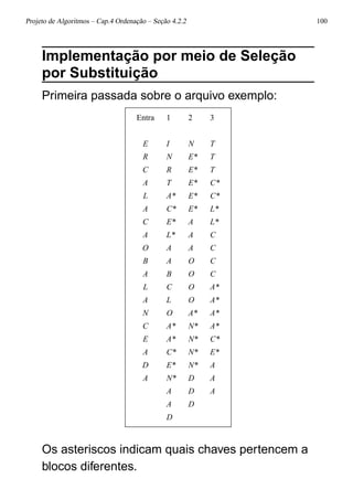 Projeto de Algoritmos – Cap.4 Ordenação – Seção 4.2.2 100
Implementação por meio de Seleção
por Substituição
Primeira passada sobre o arquivo exemplo:
Entra 1 2 3
E I N T
R N E* T
C R E* T
A T E* C*
L A* E* C*
A C* E* L*
C E* A L*
A L* A C
O A A C
B A O C
A B O C
L C O A*
A L O A*
N O A* A*
C A* N* A*
E A* N* C*
A C* N* E*
D E* N* A
A N* D A
A D A
A D
D
Os asteriscos indicam quais chaves pertencem a
blocos diferentes.
 