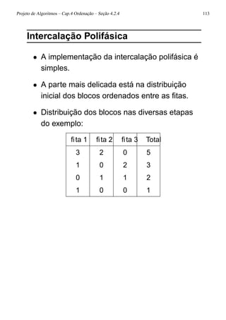Projeto de Algoritmos – Cap.4 Ordenação – Seção 4.2.4 113
Intercalação Polifásica
• A implementação da intercalação polifásica é
simples.
• A parte mais delicada está na distribuição
inicial dos blocos ordenados entre as ﬁtas.
• Distribuição dos blocos nas diversas etapas
do exemplo:
ﬁta 1 ﬁta 2 ﬁta 3 Total
3 2 0 5
1 0 2 3
0 1 1 2
1 0 0 1
 