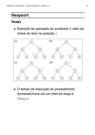 Projeto de Algoritmos – Cap.4 Ordenação – Seção 4.1.5 51
Heapsort
Heaps
• Exemplo da operação de aumentar o valor da
chave do item na posição i:
(c)
(a) (b)
(d)
i i
i
i
OE N
S
U
D E
EDANE
R
S
O R
S
O
DUN
U
SR
N O D
R
• O tempo de execução do procedimento
AumentaChave em um item do heap é
O(log n).
 