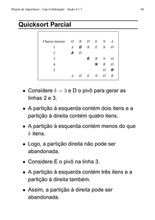Projeto de Algoritmos – Cap.4 Ordenação – Seção 4.1.7 84
Quicksort Parcial
Chaves iniciais: O R D E N A
1 A D R E N O
2 A D
3 E R N O
4 N R O
5 O R
A D E N O R
• Considere k = 3 e D o pivô para gerar as
linhas 2 e 3.
• A partição à esquerda contém dois itens e a
partição à direita contém quatro itens.
• A partição à esquerda contém menos do que
k itens.
• Logo, a partição direita não pode ser
abandonada.
• Considere E o pivô na linha 3.
• A partição à esquerda contém três itens e a
partição à direita também.
• Assim, a partição à direita pode ser
abandonada.
 