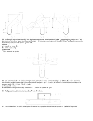 14) Ao longo de uma tubulação de 150 mm de diâmetro encontra-se um venturímetro ligado a um manômetro diferencial e a dois
piezômetros. Sabendo-se que a velocidade na tubulação 1 de 2m/s, a pressão no ponto (1) é de 2,5 Kgf/cm2
e o líquido manométrico
é o mercúrio com densidade relativa igual a 13,6.
Calcular:
a) a pressão no ponto (2)
b) a altura h (cm.c.Hg)
C) a altura x
* 0bs.: desprezar as perdas
15) Um venturímetro de 150 mm no estrangulamento, intercala-se numa canalização d'água de 450 mm. Na escala diferencial
parcialmente cheia de Hg (estando o resto cheio d'água), e ligada à boca e à cintura do medidor, a coluna mercurial estabiliza-se
com um desnível de 375 mm. Calcule a vazão:
a) desprezando o atrito
b) considerando uma perda de carga entre a boca e a cintura de 300 mm de água.
16) Na figura abaixo, determinar a velocidade V para R = 30 cm.
17) Calcule a altura H da figura abaixo, para que o sifão de 1 polegada forneça uma vazão de 1 1/s. (Despreze as perdas).
 