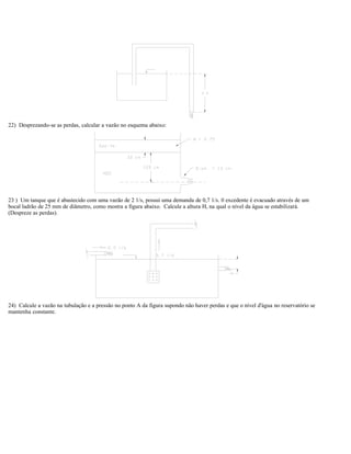 22) Desprezando-se as perdas, calcular a vazão no esquema abaixo:
23 ) Um tanque que é abastecido com uma vazão de 2 1/s, possui uma demanda de 0,7 1/s. 0 excedente é evacuado através de um
bocal ladrão de 25 mm de diâmetro, como mostra a figura abaixo. Calcule a altura H, na qual o nível da água se estabilizará.
(Despreze as perdas).
24) Calcule a vazão na tubulação e a pressão no ponto A da figura supondo não haver perdas e que o nível d'água no reservatório se
mantenha constante.
 