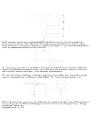 25) De uma pequena barragem, parte uma canalização de 250 mm de diâmetro, com poucos metros de extensão, havendo
posteriormente uma redução para 125 mm. Do tubo de 125 mm, a água parte para a atmosfera em forma de jato. A vazão foi
medida, encontrando-se o valor de 105 1/s. Desprezando-se as perdas, calcular a pressão na seção inicial da tubulação de 250 mm e
a altura de água na barragem, da superfície ao eixo da canalização.
26 ) Uma canalização que conduz uma vazão de 140 1/s, descarrega a 1,80m de profundidade, num reservatório. 0 diâmetro da
canalização na extremidade de descarga é de 300 mm. Calcular a pressão num ponto A localizado 1,20m acima do nível d'água,
onde a canalização apresenta diâmetro igual a 250 mm, desprezando as perdas de energia.
27) A água flui radialmente entre 2 flanges no final de um tubo de "6”, como mostra a figura abaixo. Desprezando-se as perdas,
calcular a vazão, sabendo-se que a pressão no ponto A é de 500 Kgf/m2
. 0bs.: Comprimento da circunferência = 2.π.r.
28) Um orifício lateral de um grande tanque, como o da Fig, abaixo descarrega água. Sua reação é circular, de 50 mm de diâmetro,
sendo jato de igual dimensão. Mantêm-se o Nível d'água no reservatório 3,80 m acima do centro do jato. Calcular a descarga :
a) desprezando a perda de carga;
b) supondo-a 10% de h = 3,80 m.
 